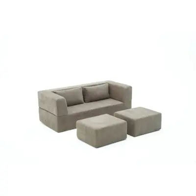 NORDVÄRK Pirgos bäddsoffa för 2 personer, med 2 puffar - grått chenilletyg