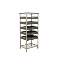 WHITE LABEL LIVING Botan S bokhylla, med 5 lådor och hjul - mörkbrun MDF och sandfärgad metall