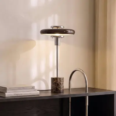 Branford bordslampa, brun, glas/marmor, retro – Lindby - Vardagsrum - Vintage / retro - Med en ljuskälla