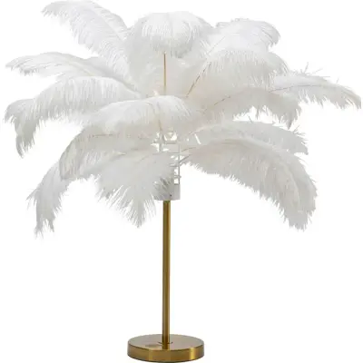 KARE DESIGN Feather Palm bordslampa - vit strutsfjäder och mässingsstål