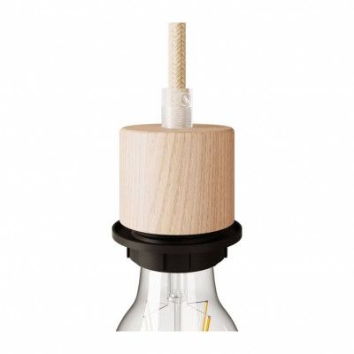 Cylindrisk gängad lamphållare E27 i trä för lampskärm med dragavlastare
