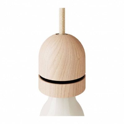 Halvsfärisk lamphållare E27 i trä med dold dragavlastare och skärmringsbeläggning