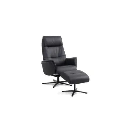 Malthe fåtölj, m.m. fotpall, tiltfunktion, armstöd - svart semianilinläder och svart metall
