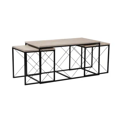 NORDVÄRK Defne soffbord - travertin melamin och svart metall (set om 3)