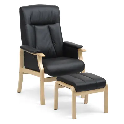 Oxford fåtölj, inkl. fotpall - svart konstläder och naturligt trä