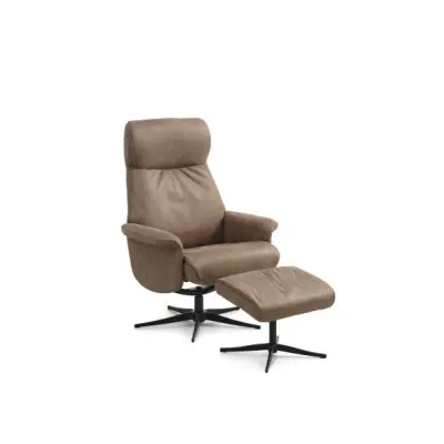 Tristan fåtölj, med. fotpall, tiltfunktion, armstöd - mandelfärgad mikrofiberläder i tjur- och svart metall