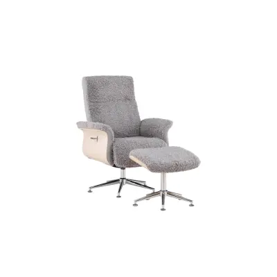 VENTURE DESIGN Hagön fåtölj m. fotpall - grått tyg, vitkalkat trä och krommetall