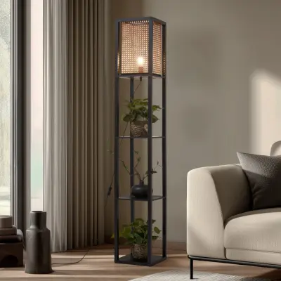 Birta golvlampa, svart/natur, hylla, rotting Lindby - Vardagsrum - Modern - Trä - Vinklad
