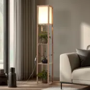 Birta golvlampa, träfärgad/vit, hylla, trä Lindby - Vardagsrum - Modern - Vinklad