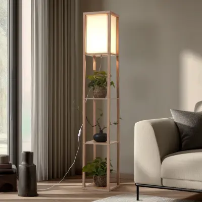 Birta golvlampa, träfärgad/vit, hylla, trä Lindby - Vardagsrum - Modern - Vinklad