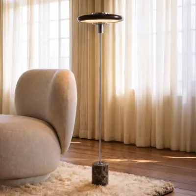 Branford golvlampa, brun, metall/marmor, retro – Lindby - Vardagsrum - Vintage / retro - Med en ljuskälla