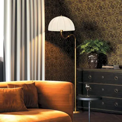 Crosby golvlampa beige/guld, 173 cm, textil/metall – Elstead - Vardagsrum - Vintage / retro - Med en ljuskälla