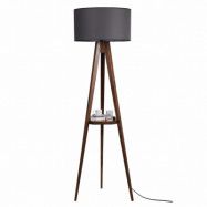 LUMI Sehbal golvlampa, m. hylla - grått tyg och valnötsfärgat trä
