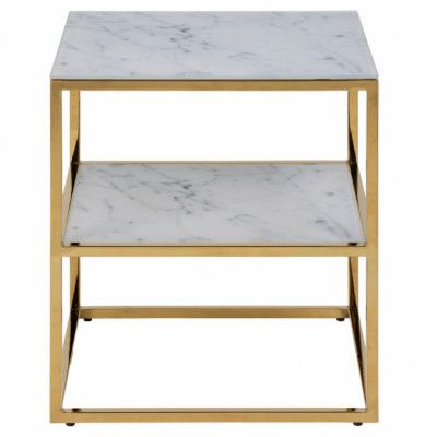 ACT NORDIC Alisma Sängbord, med Hylla - Vitt Marmortryck Glas och Guldmetall (45 x 40 cm)