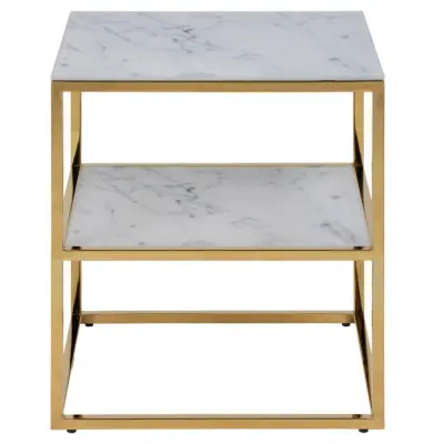 ACT NORDIC Alisma Sängbord, med Hylla - Vitt Marmortryck Glas och Guldmetall (45 x 40 cm)