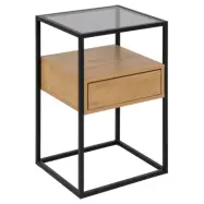ACT NORDIC Randolf sängbord, m. 1 hylla och 1 låda - rökt glas, naturlig melamin, svart metall (40x35)