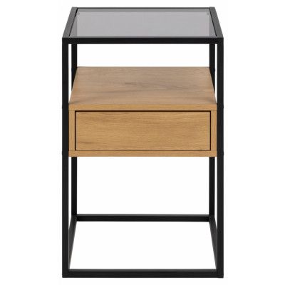 ACT NORDIC Randolf sängbord, m. 1 hylla och 1 låda - rökt glas, naturlig melamin, svart metall (40x35)