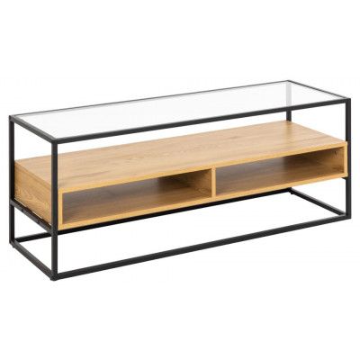 ACT NORDIC Randolf TV-bord, 1 hylla, 2 fack - klart glas, naturlig vild ek melamin, svart stål (120x40)