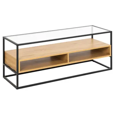 ACT NORDIC Randolf TV-bord, 1 hylla, 2 fack - klart glas, naturlig vild ek melamin, svart stål (120x40)
