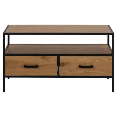 ACT NORDIC Seaford TV-bord, med 1 hylla och 2 lådor - naturlig vild melamin och svart metall