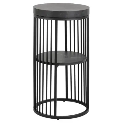 ACT NORDIC Strington nattduksbord, med 1 hyllplan, runt - mattsvart Izmir grov melamin och svart stål (Ø35)