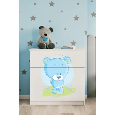 Babydreams barnbyrå med blå nallebjörn, med 3 lådor - vit laminat