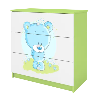 Babydreams barnbyrå med blå nallebjörn, med 3 lådor - vit och grön laminat