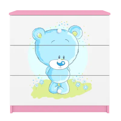 Babydreams barnbyrå med blå nallebjörn, med 3 lådor - vit och rosa laminat