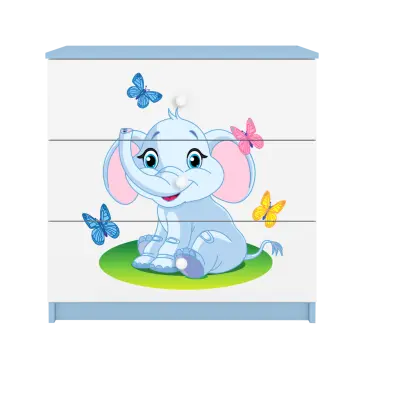 Babydreams barnbyrå med elefant och fjärilar, med 3 lådor - vit och blå laminat