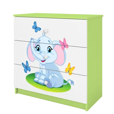 Babydreams barnbyrå med elefant och fjärilar, med 3 lådor - vit och grön laminat