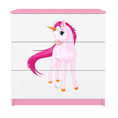 Babydreams barnbyrå med enhörning, med 3 lådor - vit och rosa laminat