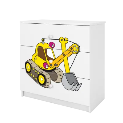 Babydreams barnbyrå med grävmaskin, med 3 lådor - vit laminat