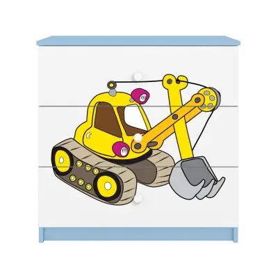 Babydreams barnbyrå med grävmaskin, med 3 lådor - vit och blå laminat