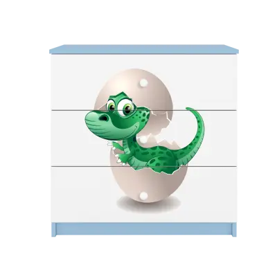 Babydreams barnbyrå med liten dinosaurie, med 3 lådor - vit och blå laminat