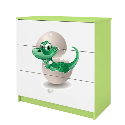 Babydreams barnbyrå med liten dinosaurie, med 3 lådor - vit och grön laminat