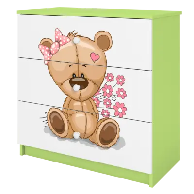 Babydreams barnbyrå med nalle med blommor, med 3 lådor - vit och grön laminat
