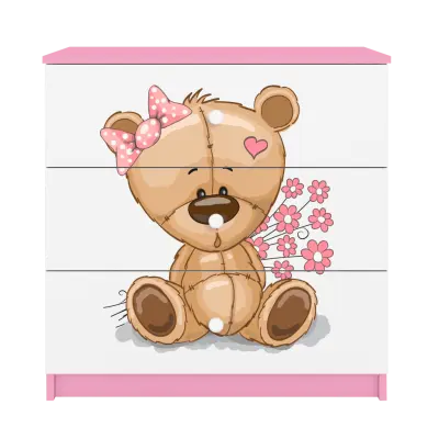 Babydreams barnbyrå med nalle med blommor, med 3 lådor - vit och rosa laminat
