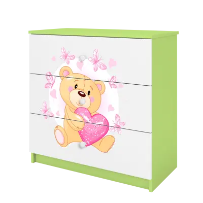 Babydreams barnbyrå med nalle med fjärilar, med 3 lådor - vit och grön laminat