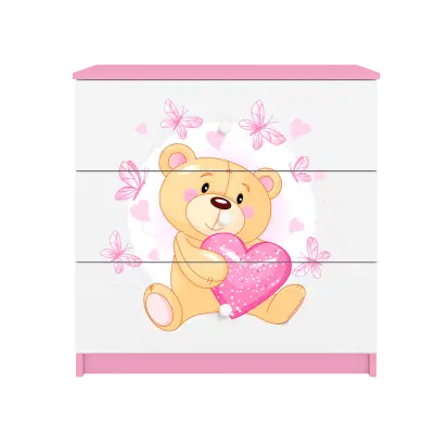 Babydreams barnbyrå med nalle med fjärilar, med 3 lådor - vit och rosa laminat