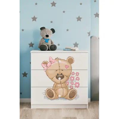 Babydreams barnbyrå med nallebjörn med blommor, med 3 lådor - vit laminat