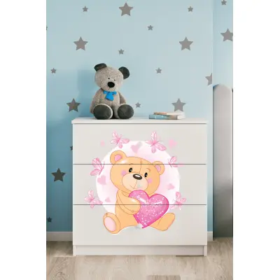 Babydreams barnbyrå med nallebjörn med fjärilar, med 3 lådor - vit laminat