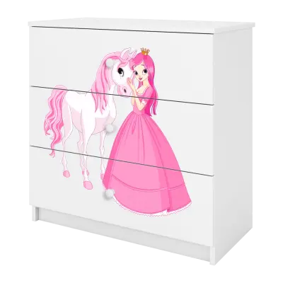 Babydreams barnbyrå med prinsessa och häst, med 3 lådor - vit laminat