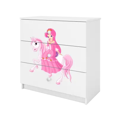 Babydreams barnbyrå med prinsessa på häst, med 3 lådor - vit laminat