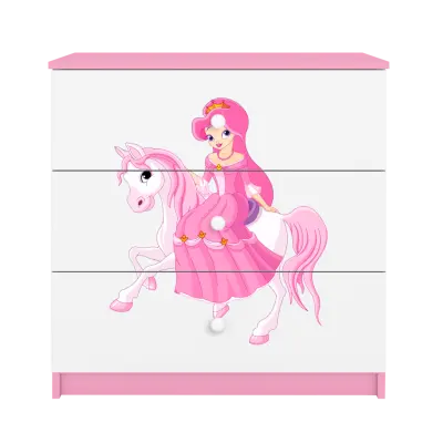 Babydreams barnbyrå med prinsessa på häst, med 3 lådor - vit och rosa laminat
