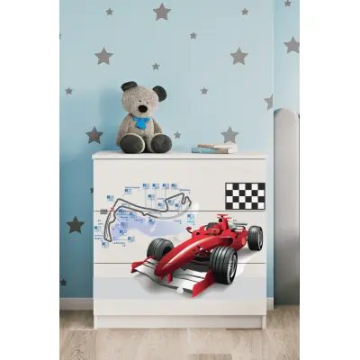 Babydreams barnbyrå med racerbil, med 3 lådor - vit laminat