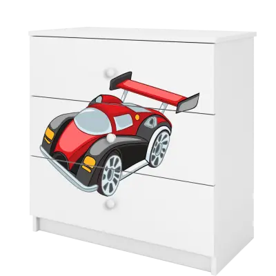 Babydreams barnbyrå med racerbil, med 3 lådor - vit laminat