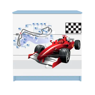 Babydreams barnbyrå med racerbil, med 3 lådor - vit och blå laminat