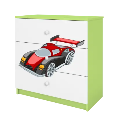 Babydreams barnbyrå med racerbil, med 3 lådor - vit och grön laminat
