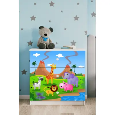 Babydreams barnbyrå med safaridjur, med 3 lådor - vit laminat