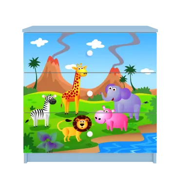 Babydreams barnbyrå med safaridjur, med 3 lådor - vit och blå laminat